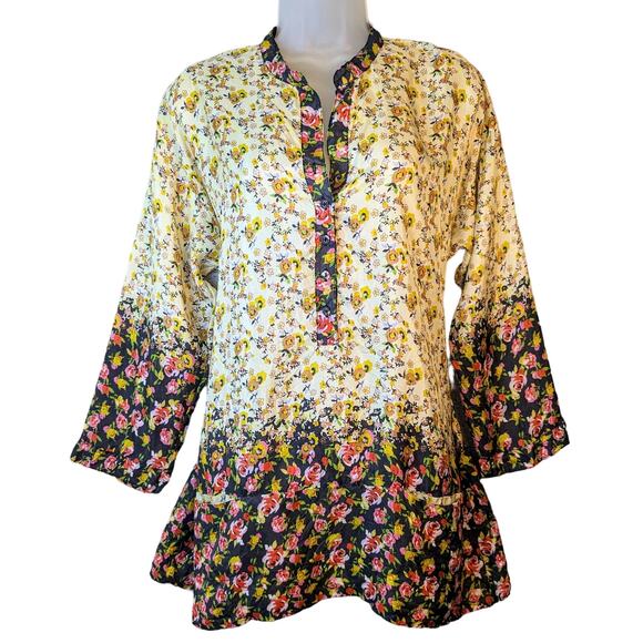 Sundance Tops - Sundance Tunic Top Silk Boho Floral Yellow Womens Small Flowy Lagenlook Beach